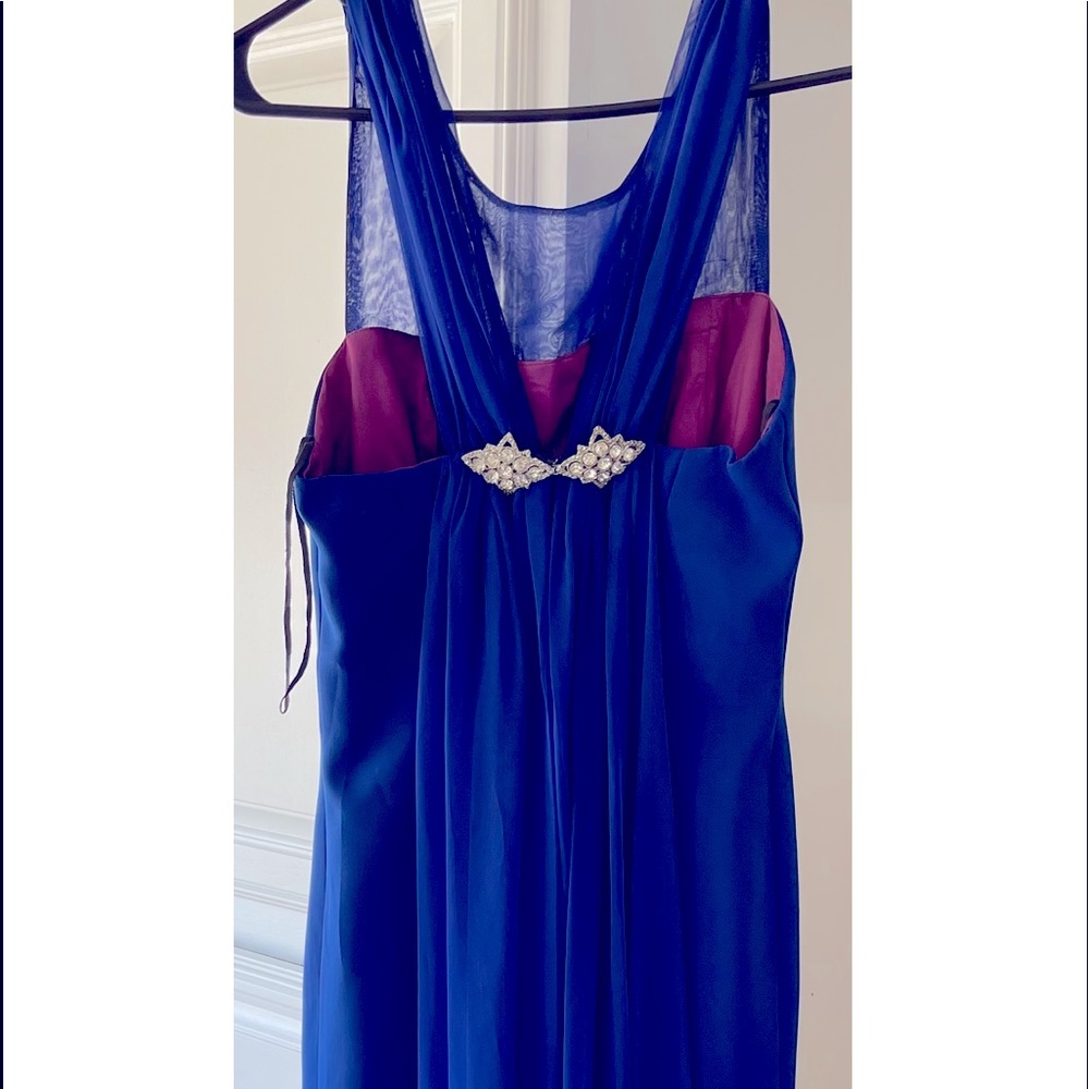 Beautiful long Blue Dress with Silver and Crystal Broach